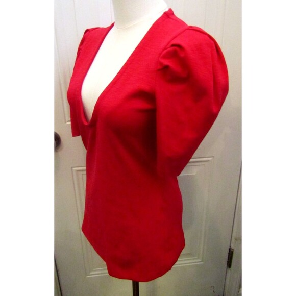 Free People Ellery Top Red Puff Sleeve Pullover Form Fitting NWOT Womens Size S - Picture 3 of 7